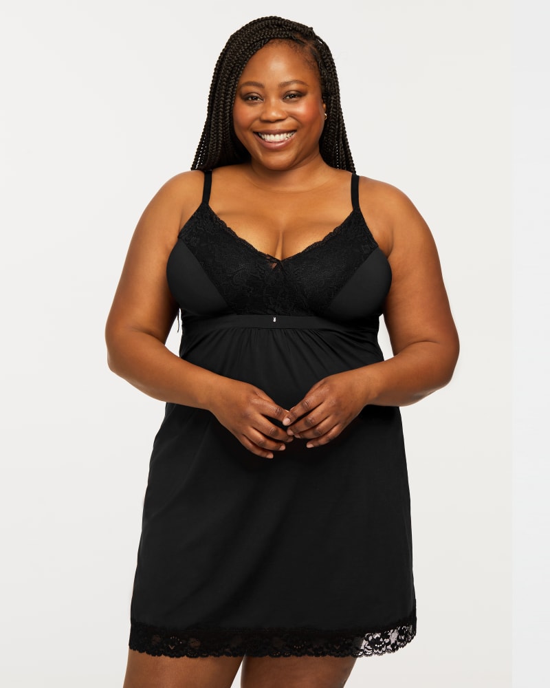 Front of a model wearing a size XL Full Bust Support Chemise in Black by Montelle. | dia_product_style_image_id:184879